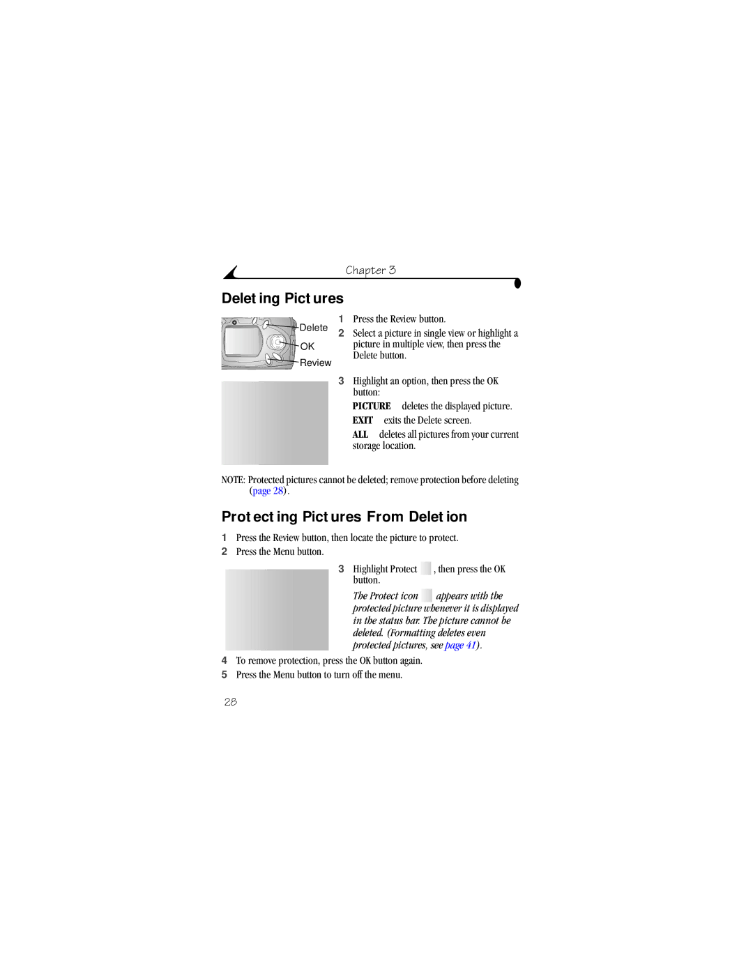 Kodak CX4210 manual Deleting Pictures, Protecting Pictures From Deletion 
