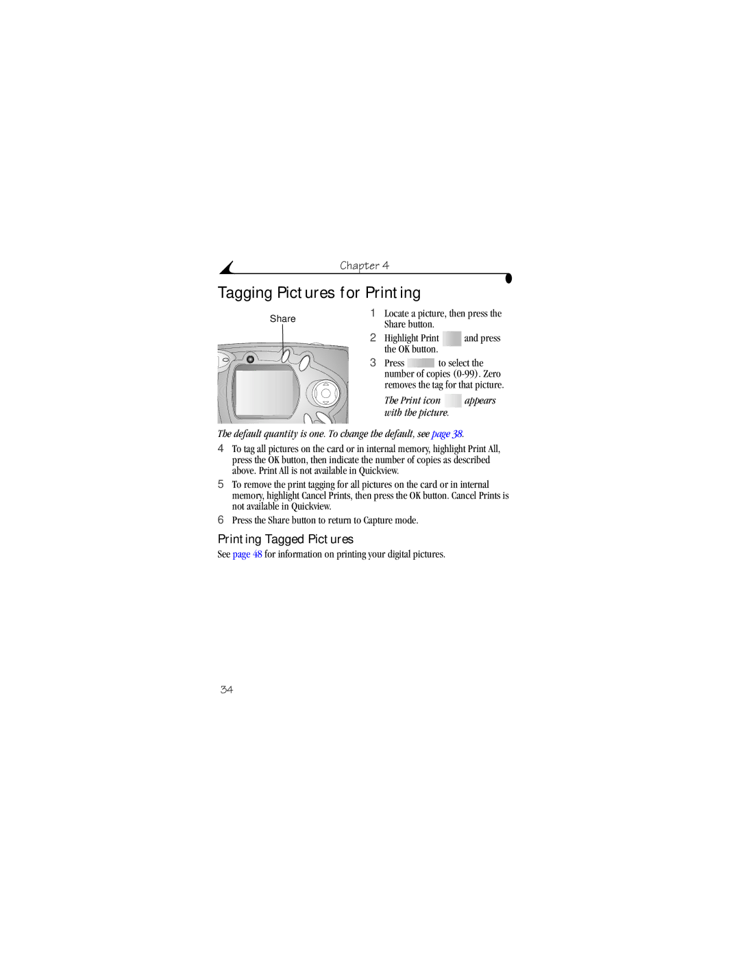 Kodak CX4210 manual Tagging Pictures for Printing, Printing Tagged Pictures 