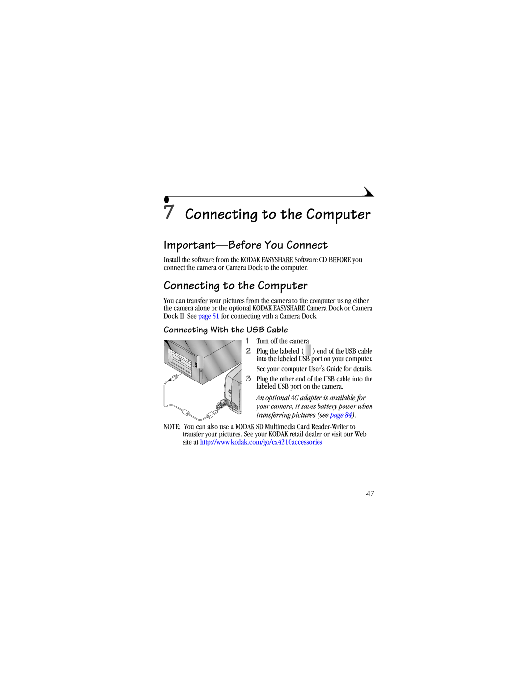 Kodak CX4210 manual Important-Before You Connect, Connecting to the Computer, Connecting With the USB Cable 