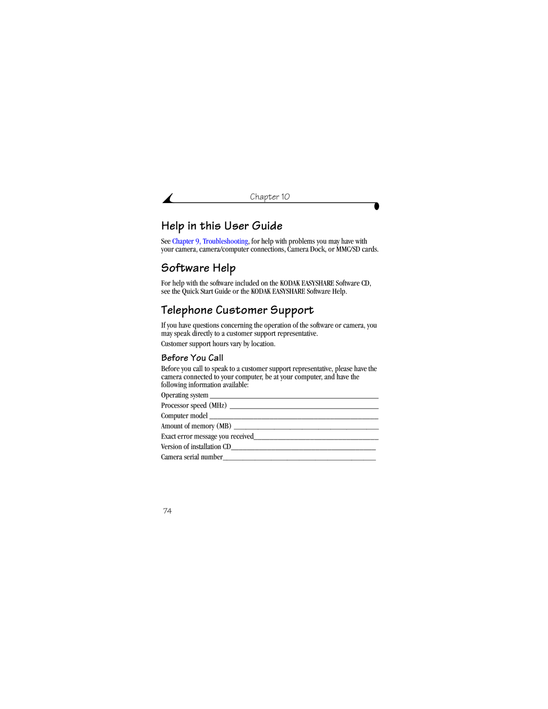 Kodak CX4210 manual Help in this User Guide, Software Help, Telephone Customer Support, Before You Call 