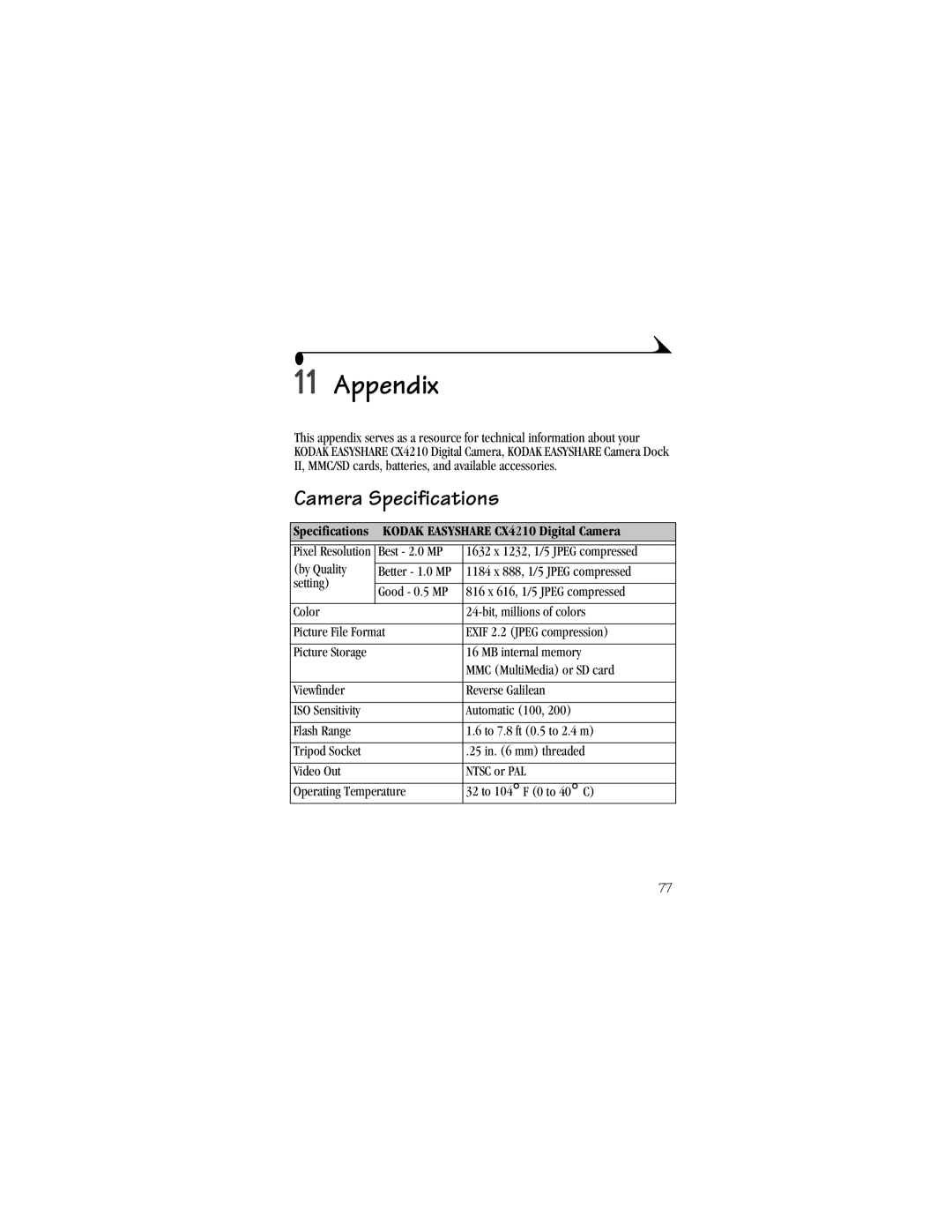 Kodak manual Camera Specifications, Specifications-KODAK Easyshare CX4210 Digital Camera 