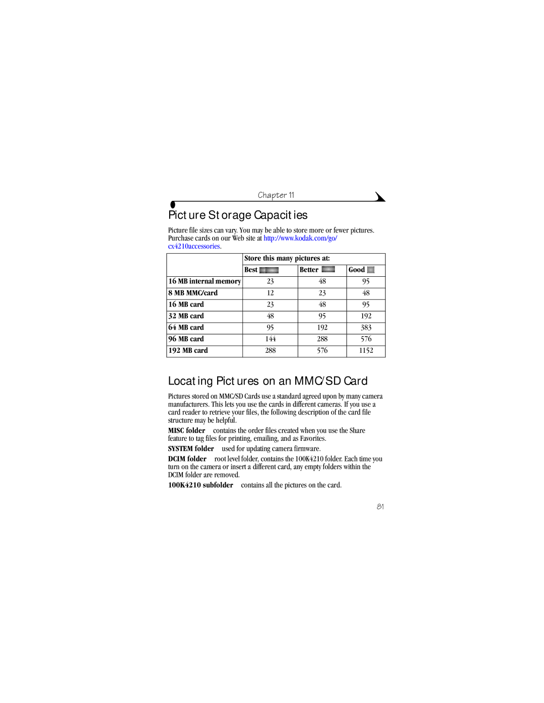Kodak CX4210 Picture Storage Capacities, Locating Pictures on an MMC/SD Card, Store this many pictures at Best Better Good 