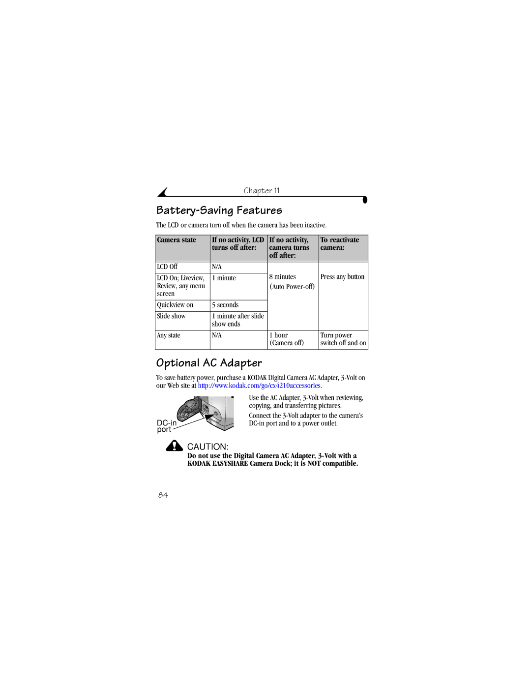 Kodak CX4210 manual Battery-Saving Features, Optional AC Adapter, Camera state 