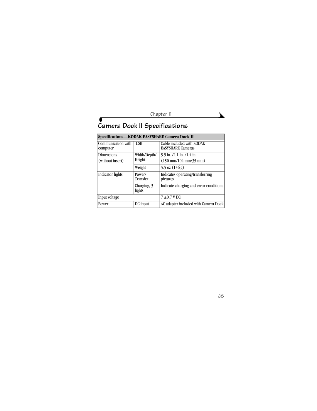 Kodak CX4210 manual Camera Dock II Specifications, Specifications-KODAK Easyshare Camera Dock 