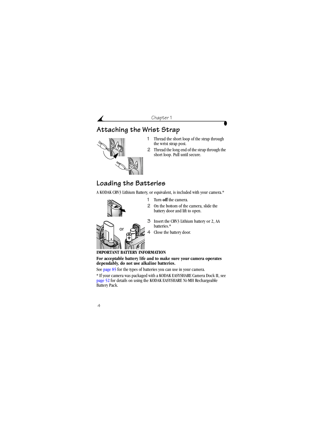 Kodak CX4230 manual Attaching the Wrist Strap, Loading the Batteries 