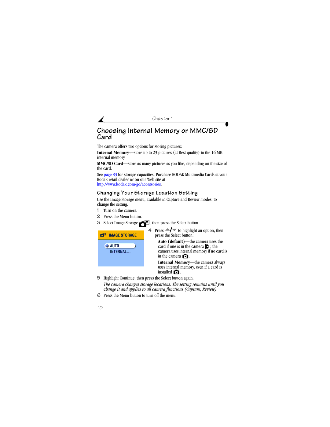 Kodak CX4230 manual Choosing Internal Memory or MMC/SD Card, Changing Your Storage Location Setting 