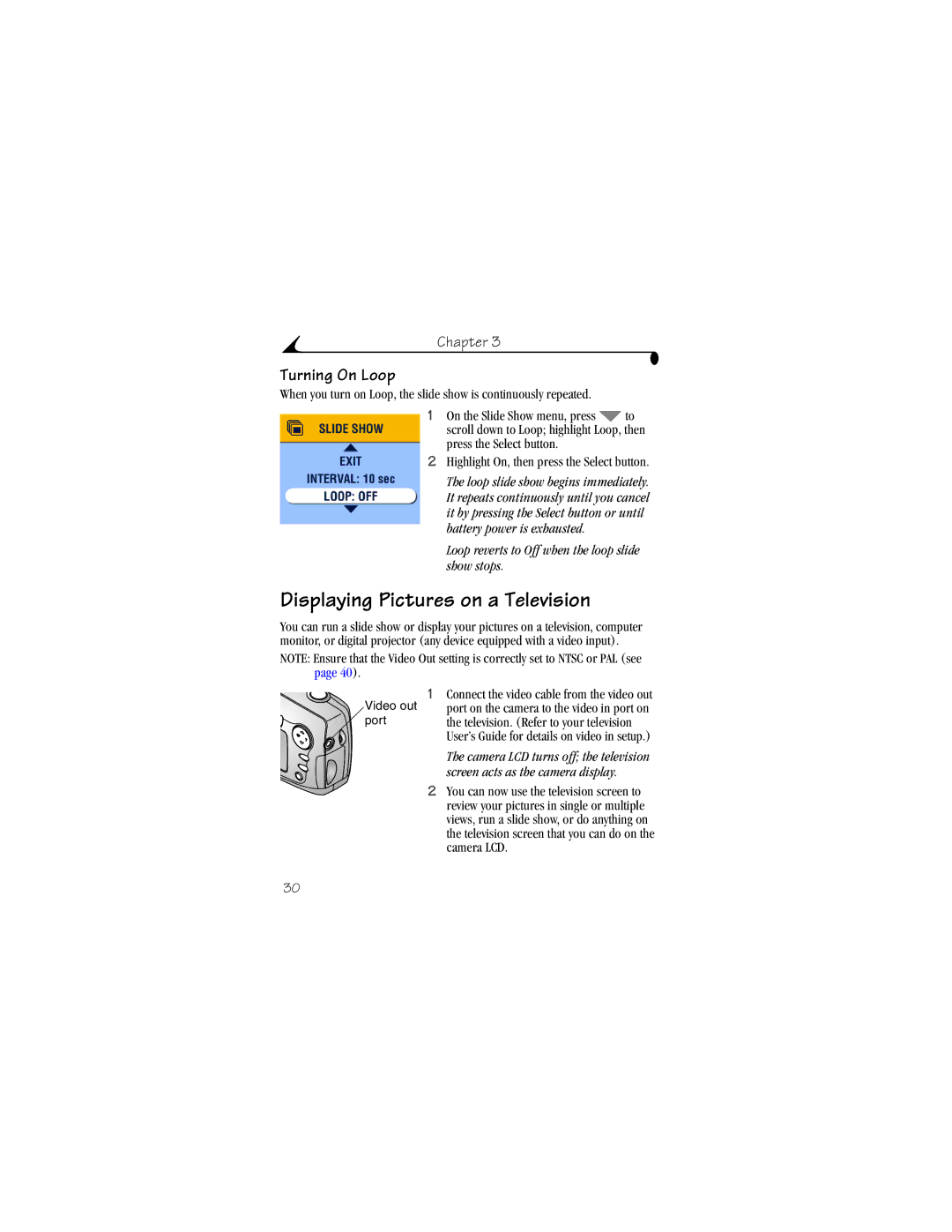 Kodak CX4230 manual Displaying Pictures on a Television, Turning On Loop 