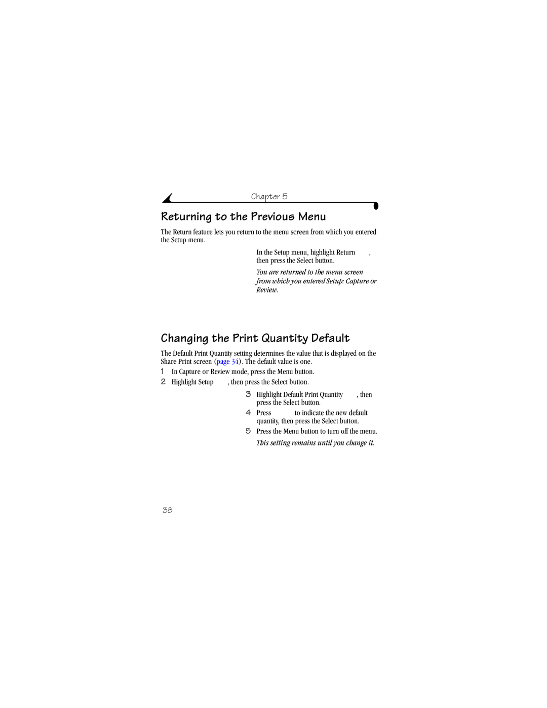 Kodak CX4230 manual Returning to the Previous Menu, Changing the Print Quantity Default 