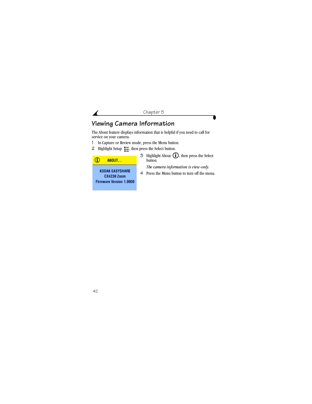 Kodak CX4230 manual Viewing Camera Information 