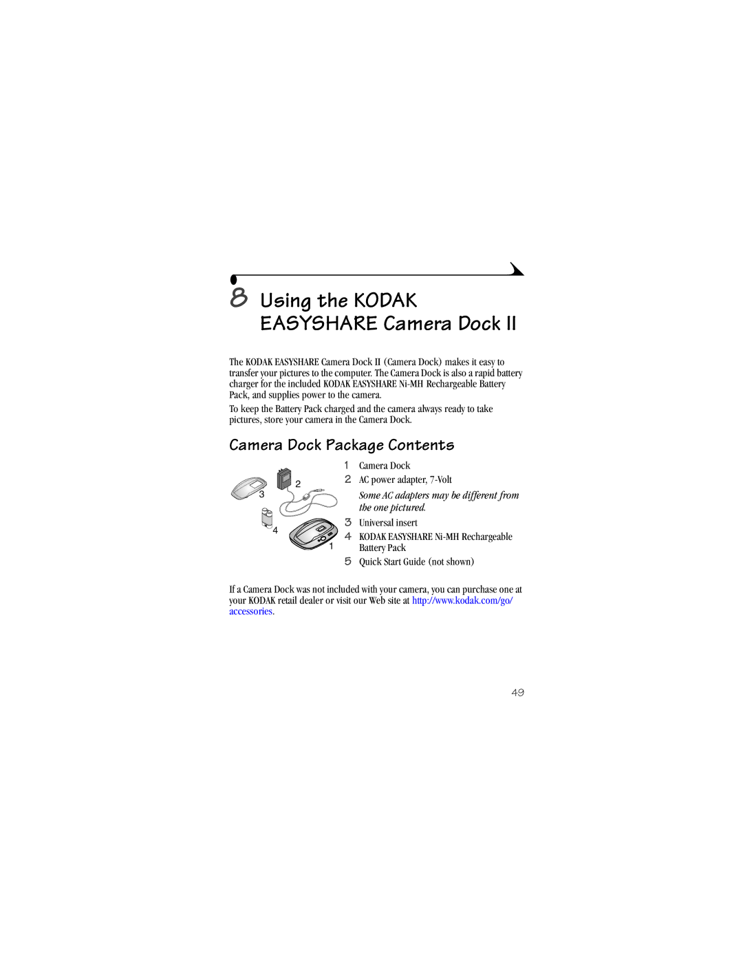 Kodak CX4230 manual Using the Kodak Easyshare Camera Dock, Camera Dock Package Contents 