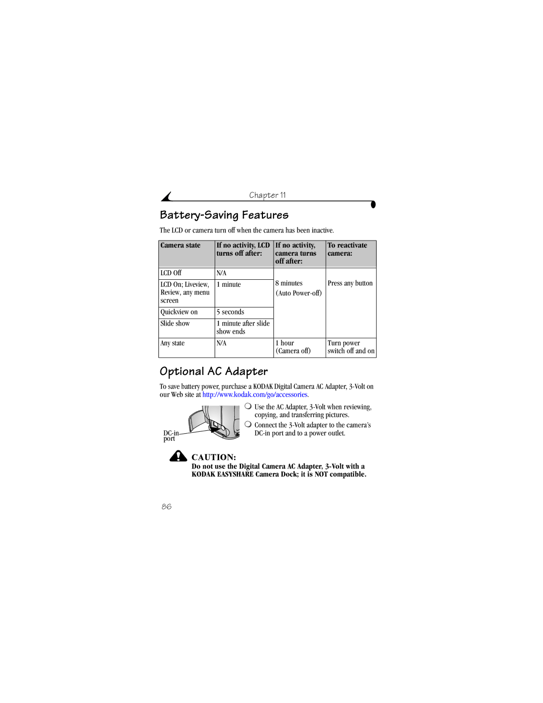 Kodak CX4230 manual Battery-Saving Features, Optional AC Adapter, Camera state 