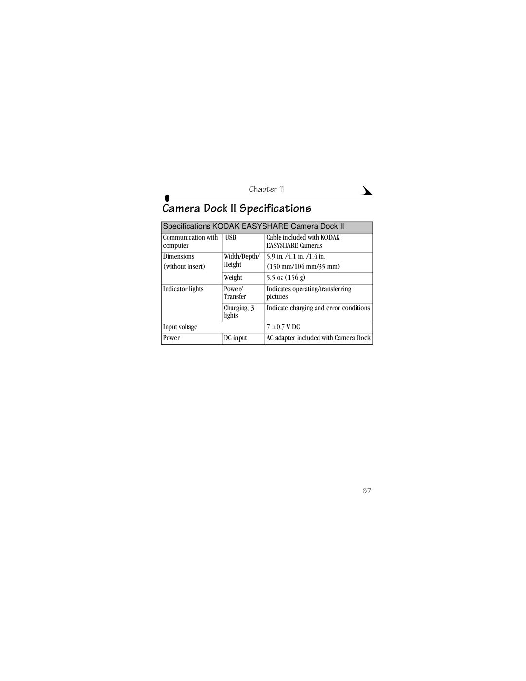 Kodak CX4230 manual Camera Dock II Specifications, Specifications-KODAK Easyshare Camera Dock 