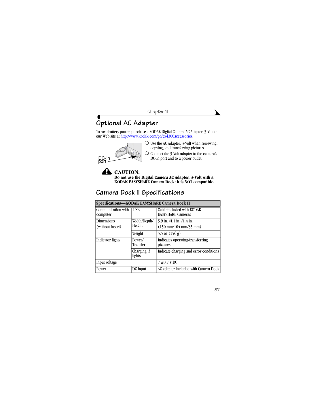 Kodak CX4300 manual Optional AC Adapter, Camera Dock II Specifications, Specifications-KODAK Easyshare Camera Dock 