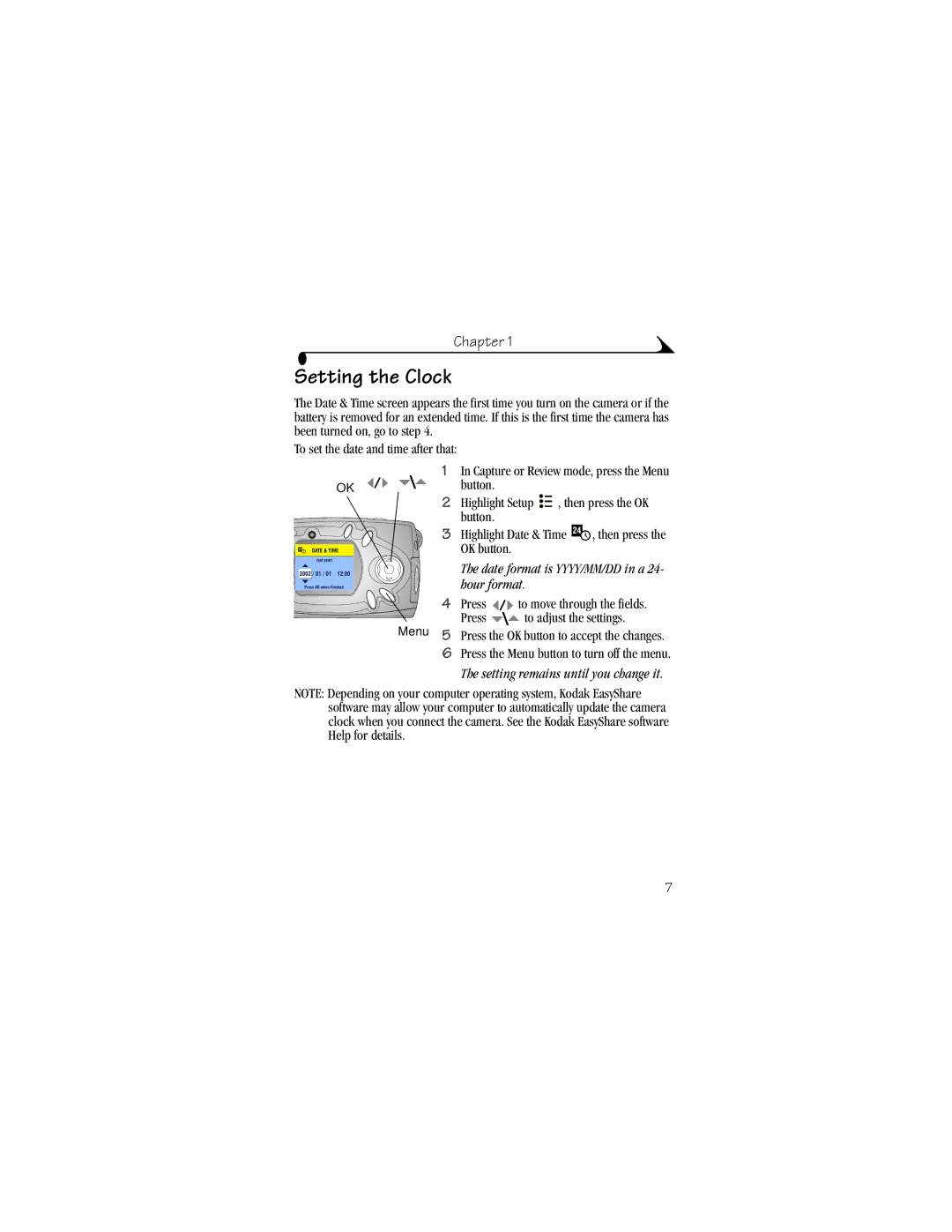 Kodak CX4310 manual Setting the Clock, Date format is YYYY/MM/DD in a 24- hour format 