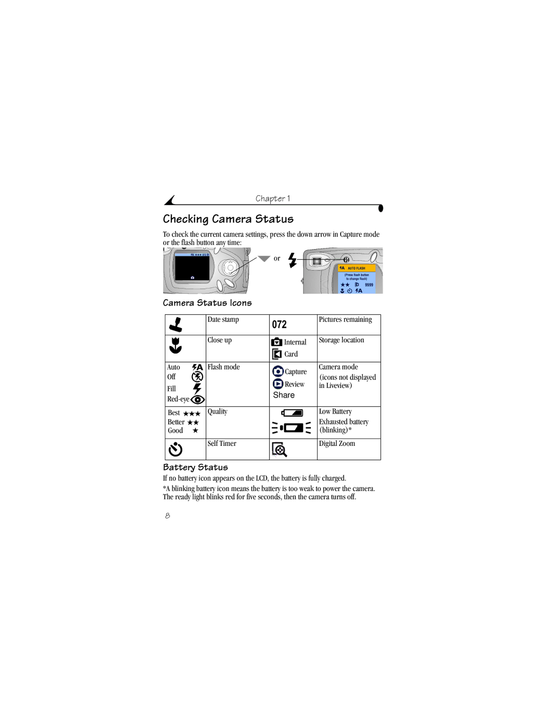 Kodak CX4310 manual Checking Camera Status, Camera Status Icons, Battery Status 