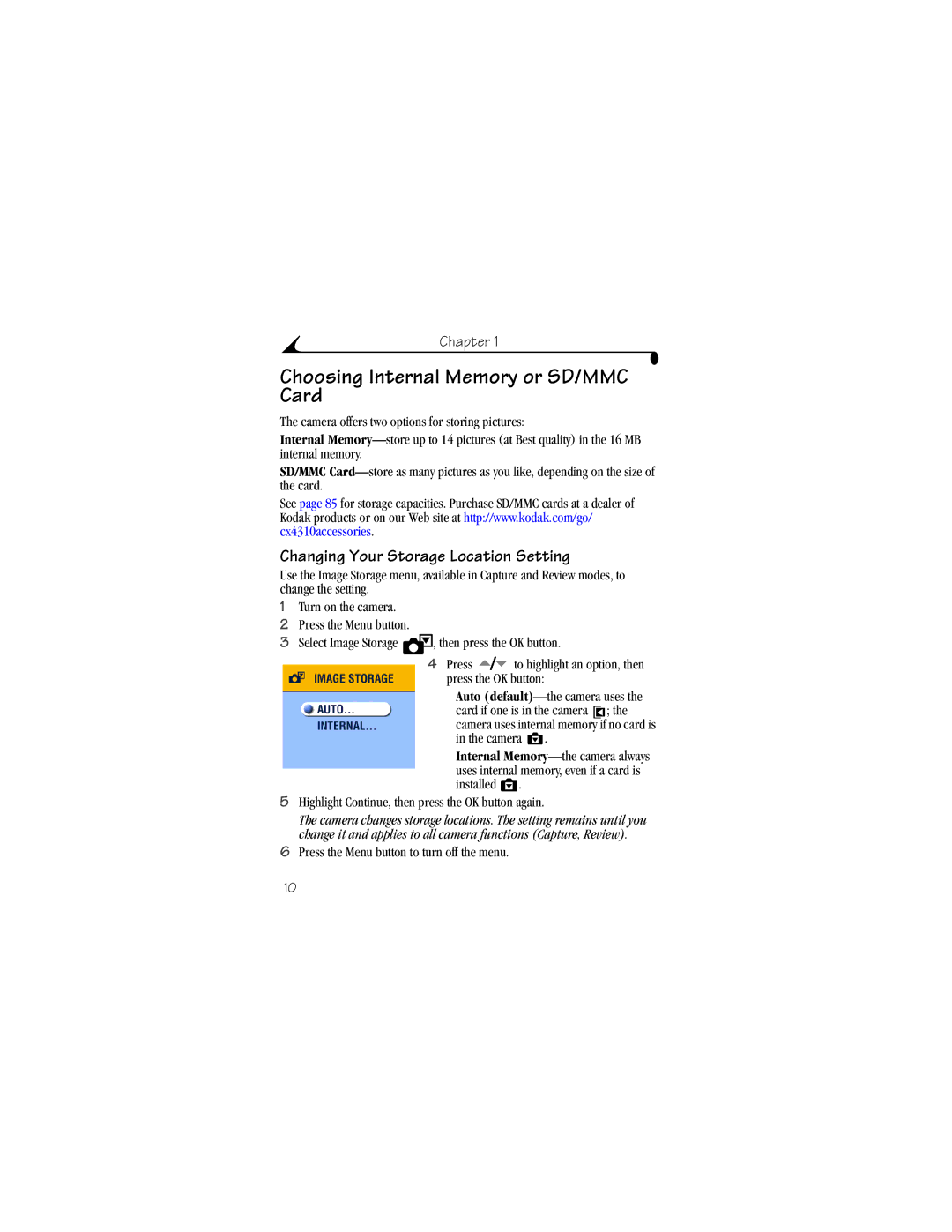 Kodak CX4310 manual Choosing Internal Memory or SD/MMC Card, Changing Your Storage Location Setting 