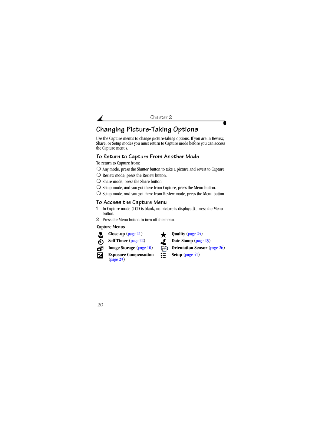 Kodak CX4310 manual Changing Picture-Taking Options, To Return to Capture From Another Mode, To Access the Capture Menu 