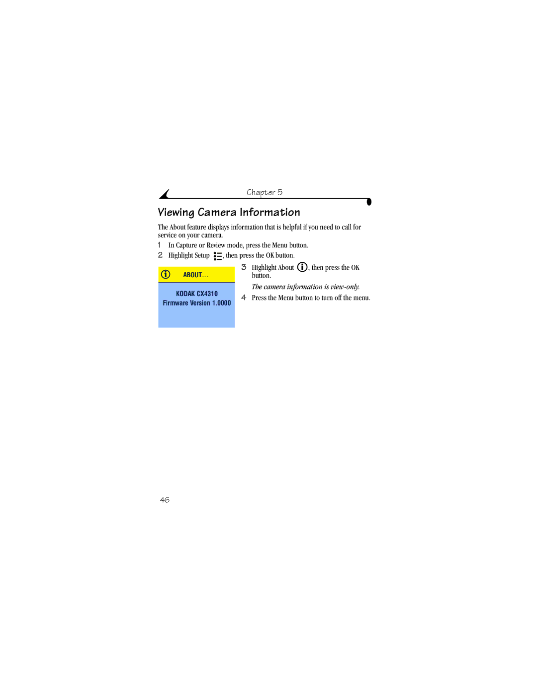 Kodak CX4310 manual Viewing Camera Information 