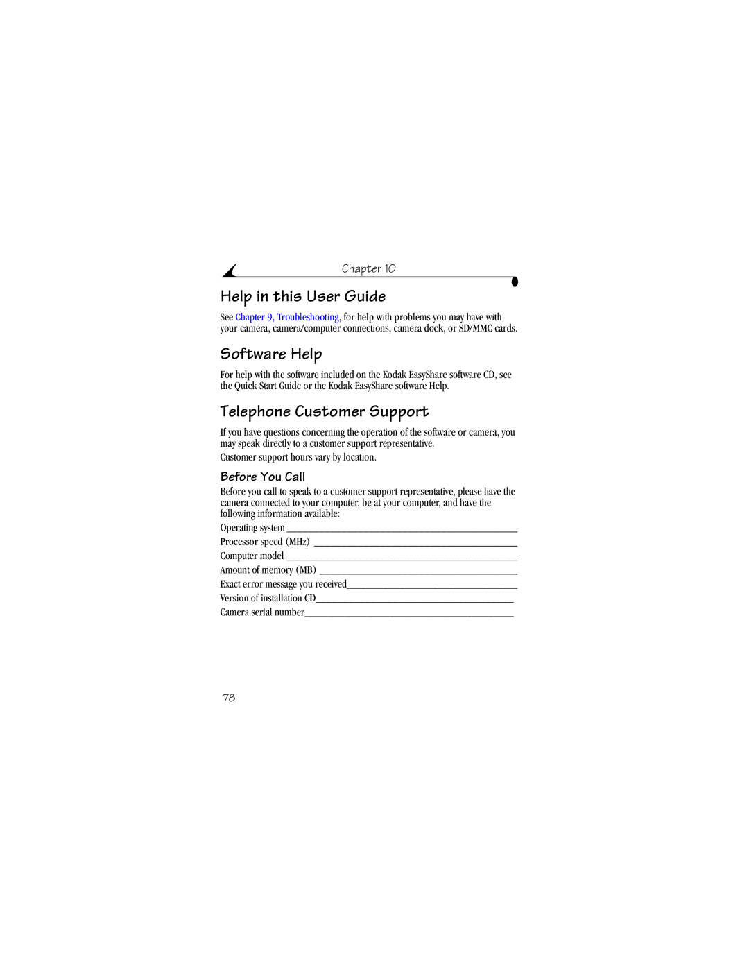 Kodak CX4310 manual Help in this User Guide, Software Help, Telephone Customer Support, Before You Call 
