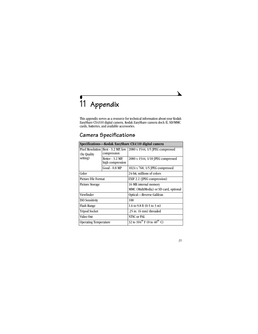 Kodak manual Camera Specifications, Specifications-Kodak EasyShare CX4310 digital camera 