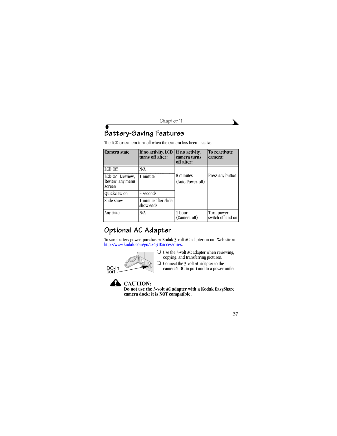 Kodak CX4310 manual Battery-Saving Features, Optional AC Adapter, Camera state 