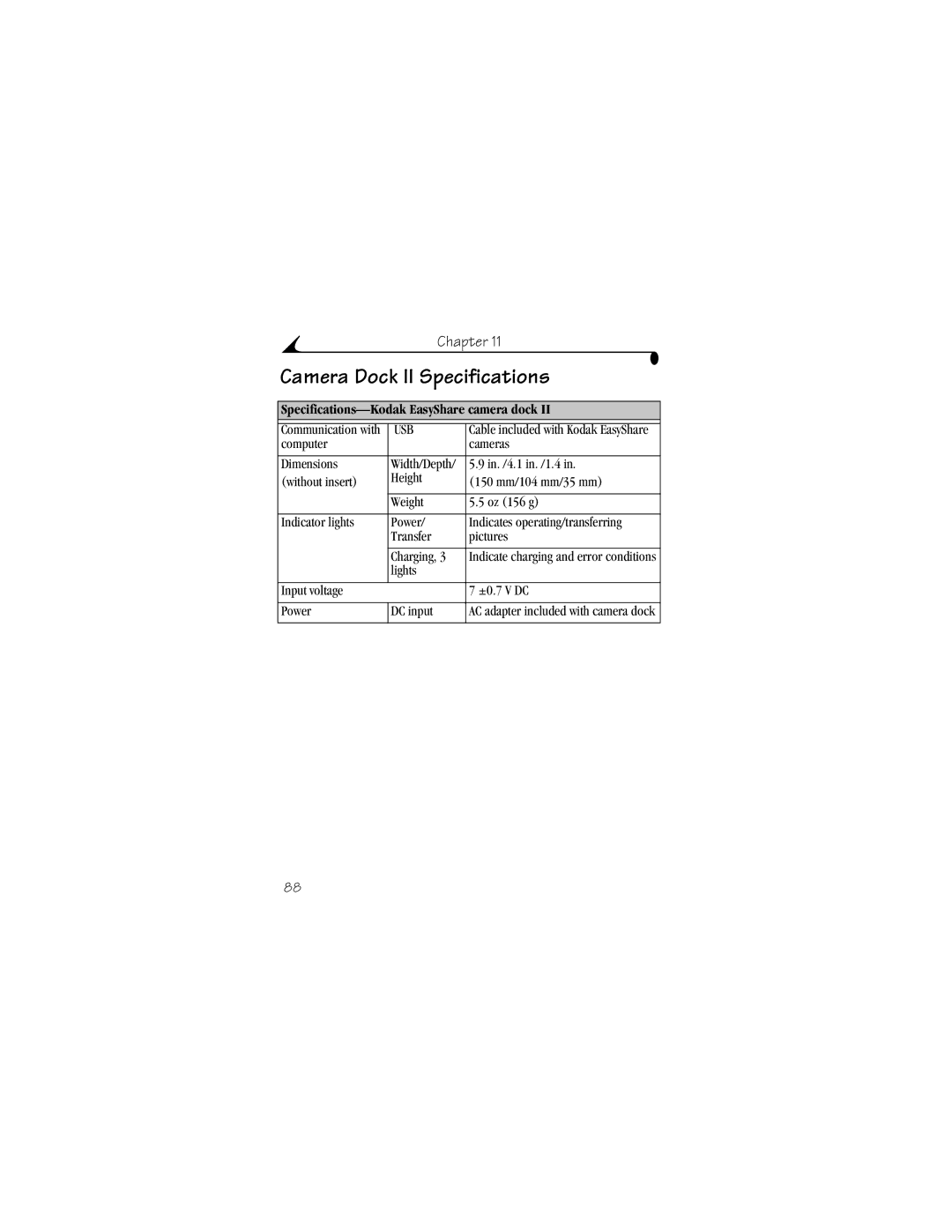 Kodak CX4310 manual Camera Dock II Specifications, Specifications-Kodak EasyShare camera dock 