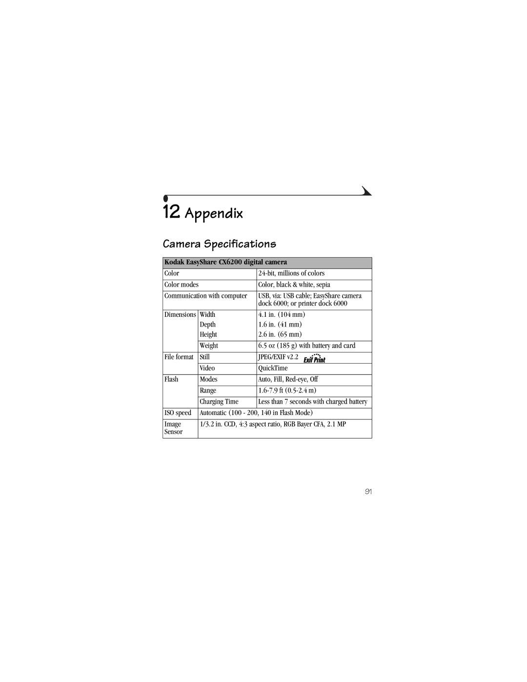 Kodak manual Appendix, Camera Specifications, Kodak EasyShare CX6200 digital camera 