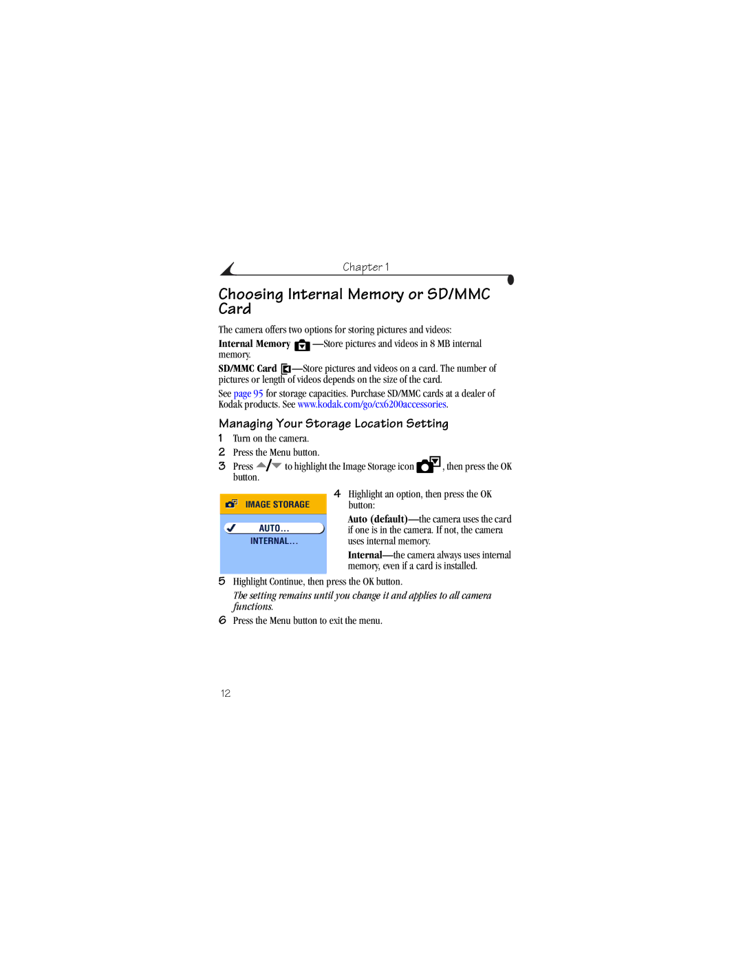 Kodak CX6200 manual Choosing Internal Memory or SD/MMC Card, Managing Your Storage Location Setting 