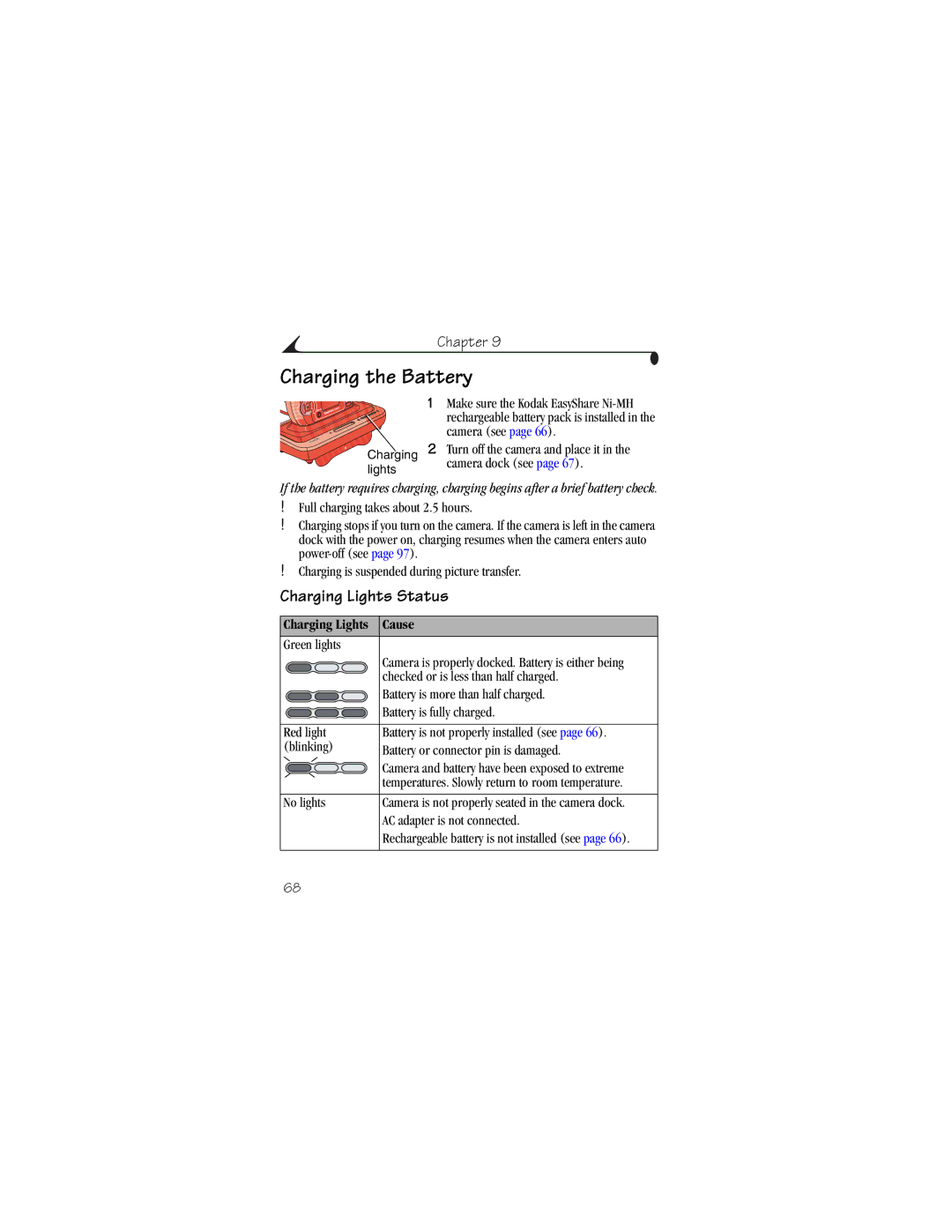 Kodak CX6200 manual Charging the Battery, Charging Lights Status, Charging Lights Cause 