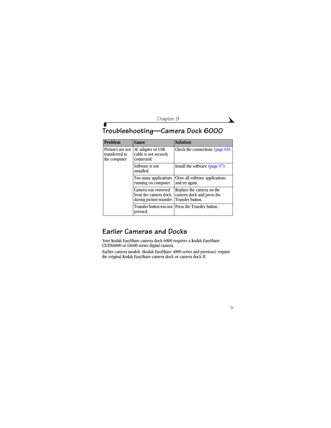 Kodak CX6200 manual Troubleshooting-Camera Dock, Earlier Cameras and Docks, Problem Cause Solution 