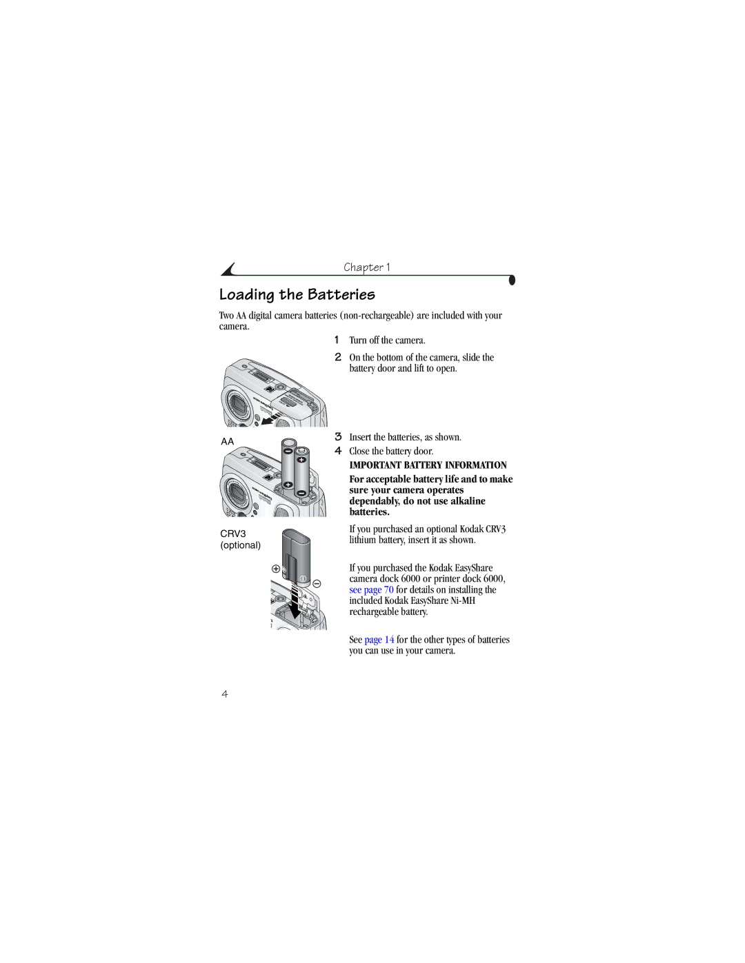 Kodak CX6230 manual Loading the Batteries 