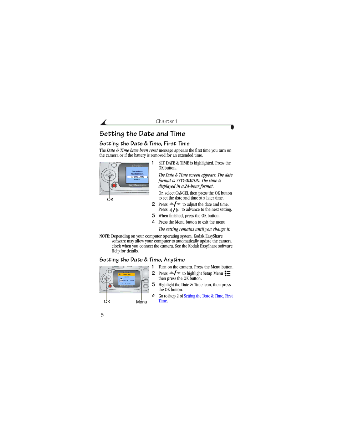 Kodak CX6230 manual Setting the Date and Time, Setting the Date & Time, First Time, Setting the Date & Time, Anytime 