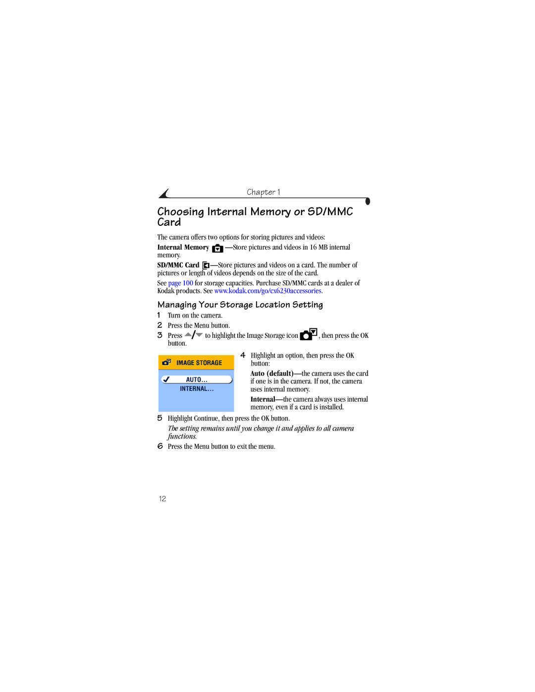 Kodak CX6230 manual Choosing Internal Memory or SD/MMC Card, Managing Your Storage Location Setting 