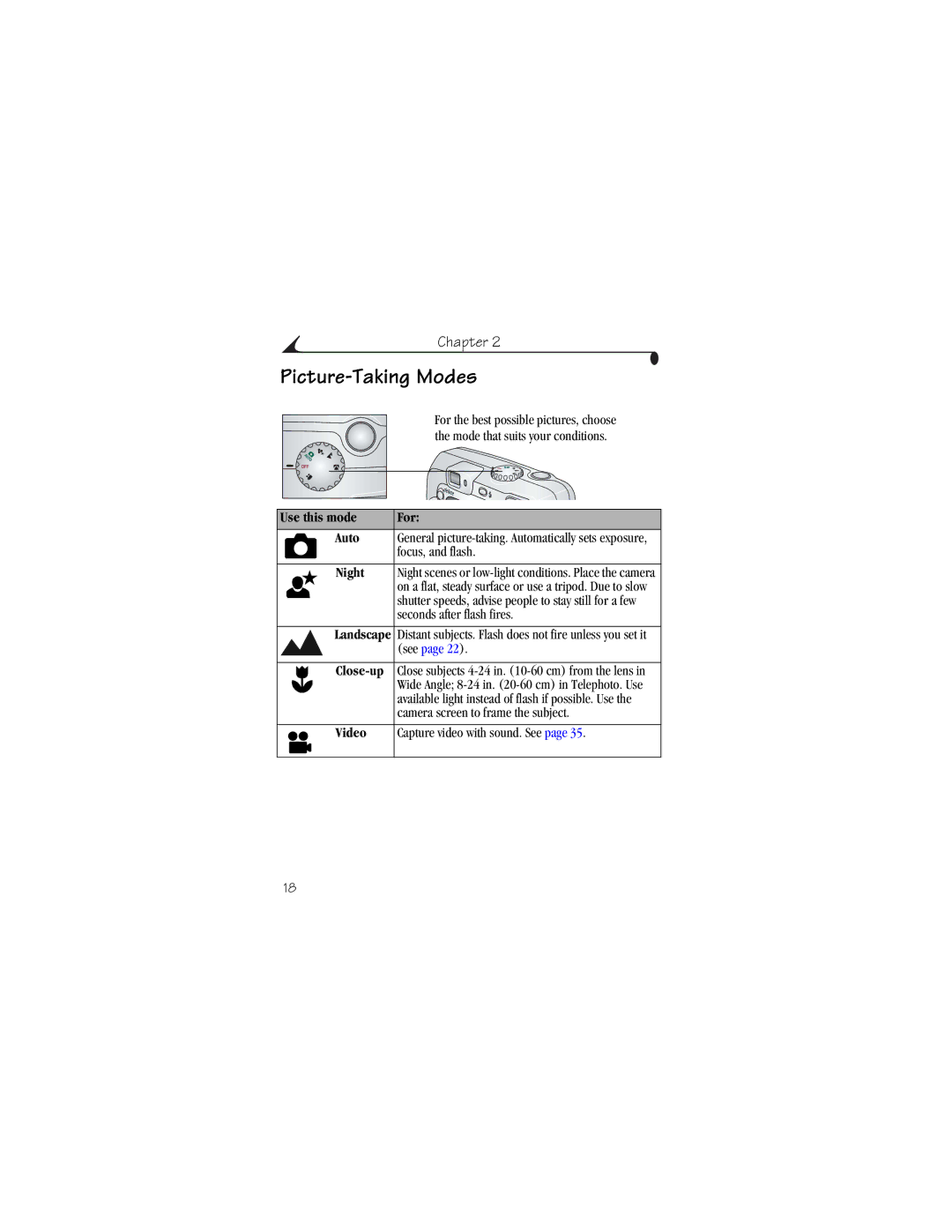 Kodak CX6230 manual Picture-Taking Modes, Use this mode For Auto, Night, Close-up, Video 