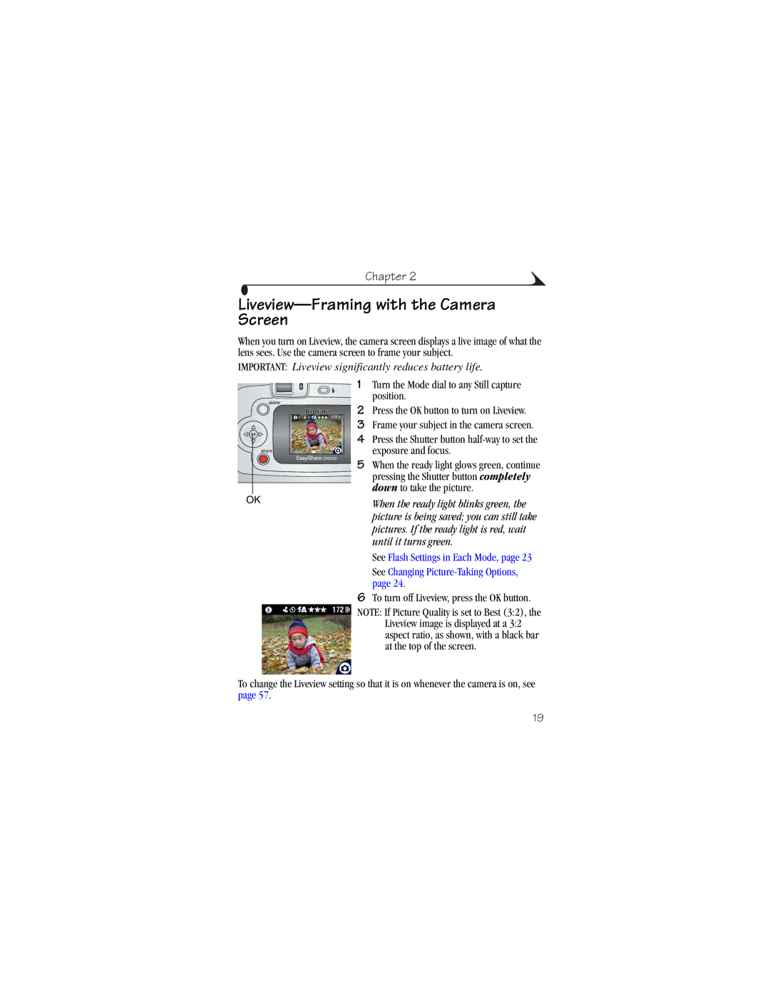 Kodak CX6230 manual Liveview-Framing with the Camera Screen, Important Liveview significantly reduces battery life 