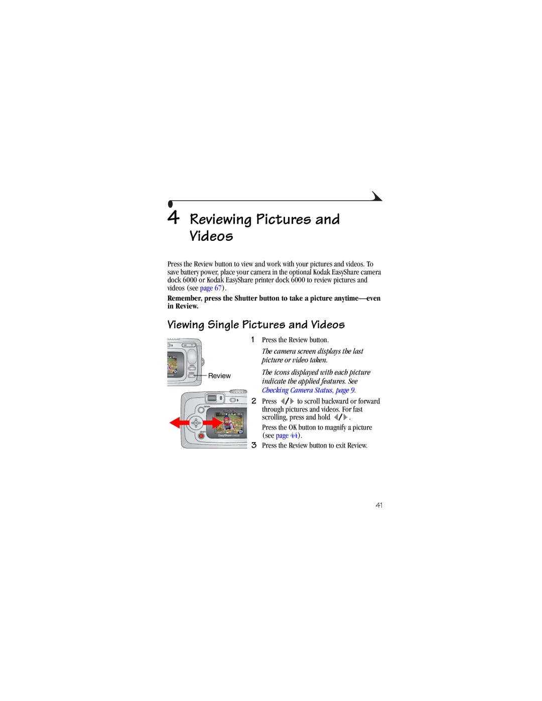 Kodak CX6230 manual Reviewing Pictures and Videos, Viewing Single Pictures and Videos 