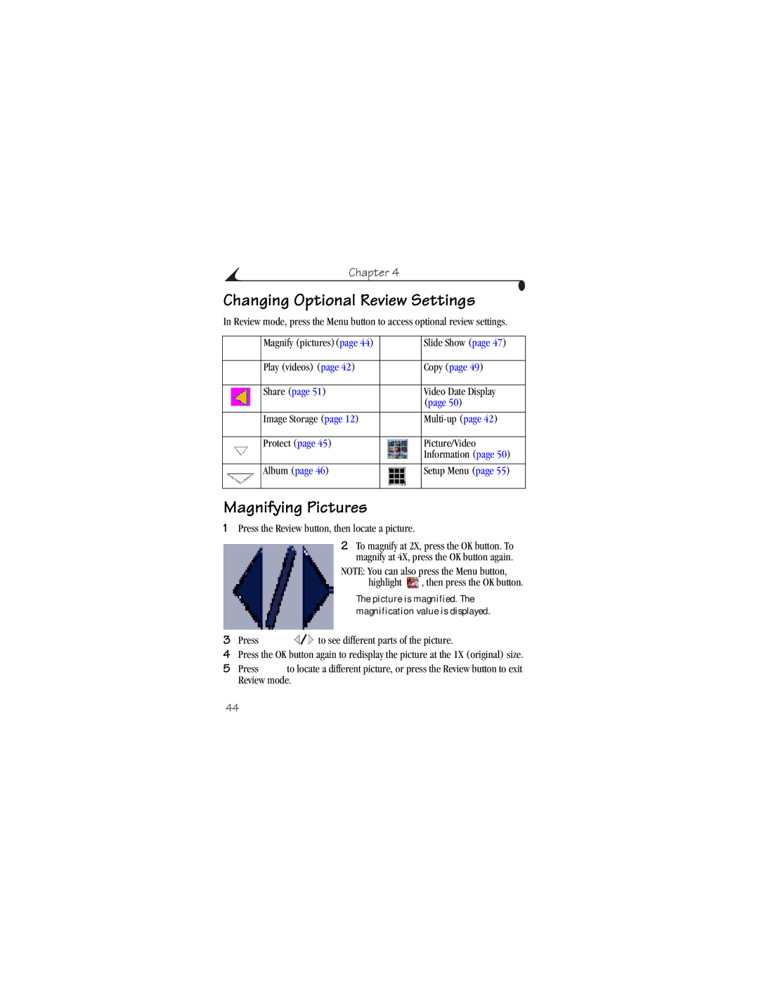 Kodak CX6230 manual Changing Optional Review Settings, Magnifying Pictures 