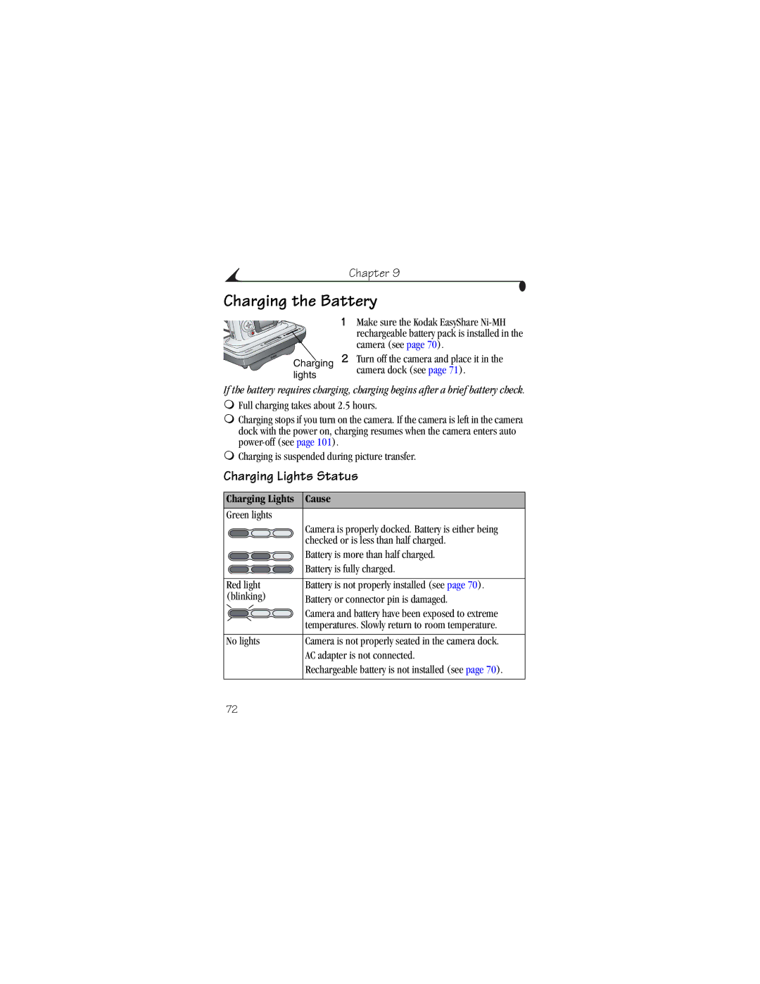 Kodak CX6230 manual Charging the Battery, Charging Lights Status, Charging Lights Cause 