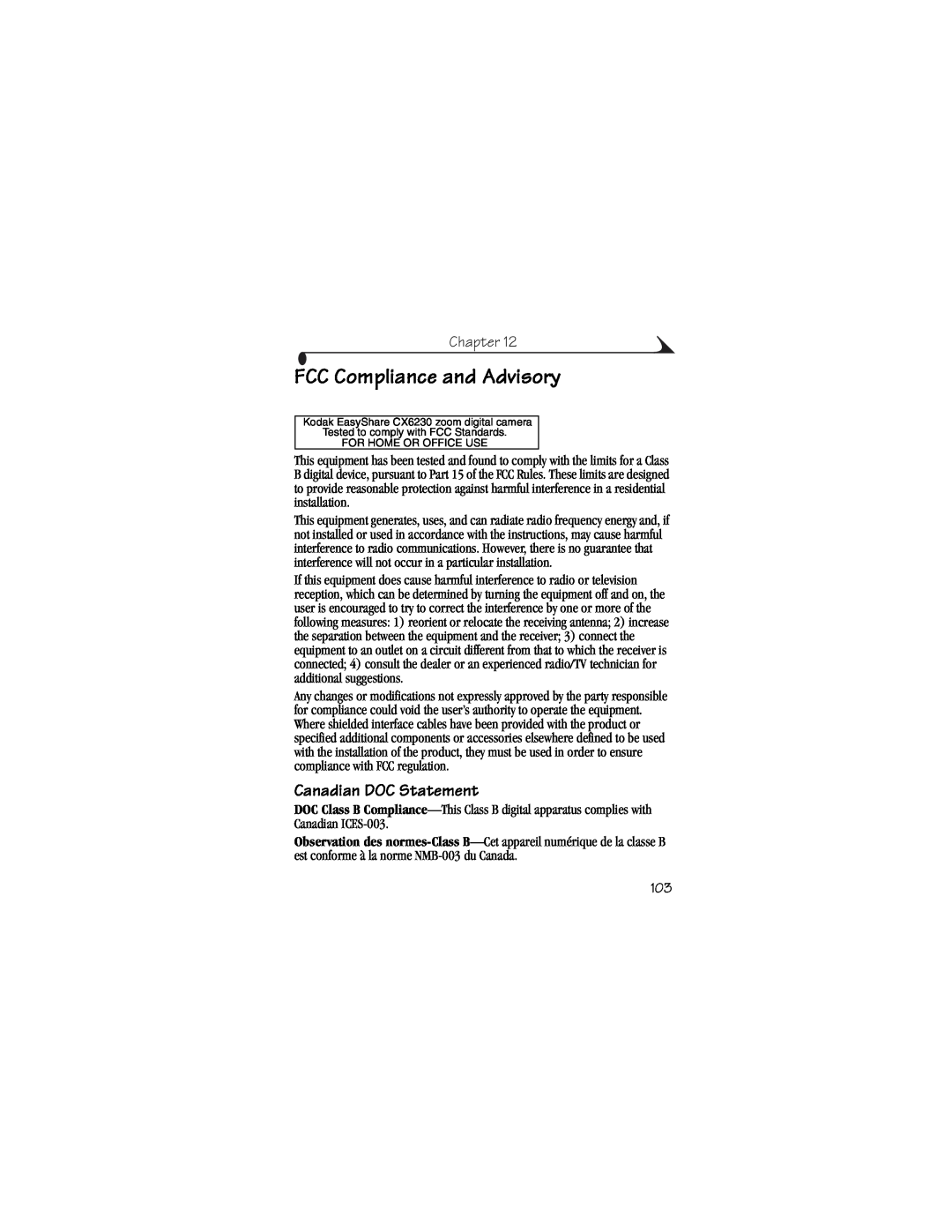 Kodak CX6230 manual FCC Compliance and Advisory, Canadian DOC Statement, Chapter 