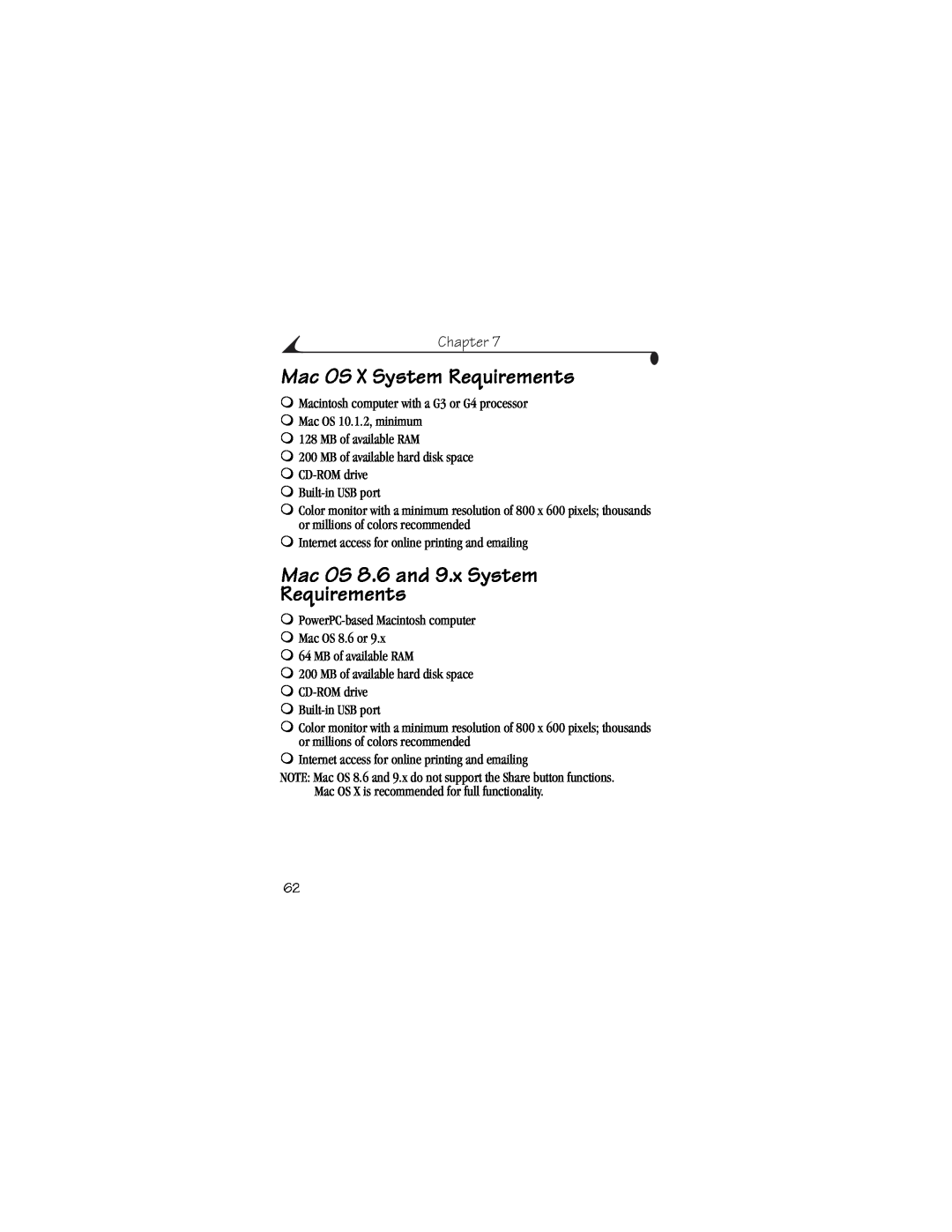 Kodak CX6230 manual Mac OS X System Requirements, Mac OS 8.6 and 9.x System Requirements, Chapter 
