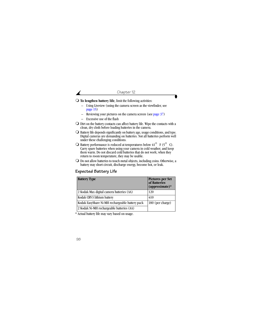 Kodak CX6330 manual Expected Battery Life, Battery Type Pictures per Set Batteries Approximate, Per charge 