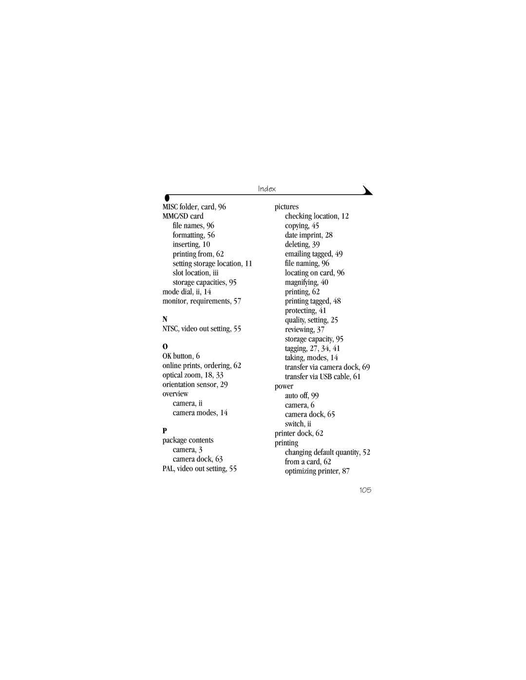 Kodak CX6330 manual File names, 96 formatting, 56 inserting, 10 printing from 