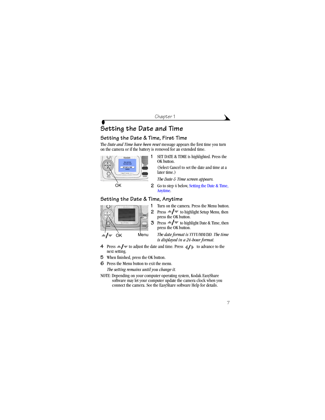 Kodak CX6330 manual Setting the Date and Time, Setting the Date & Time, First Time, Setting the Date & Time, Anytime 