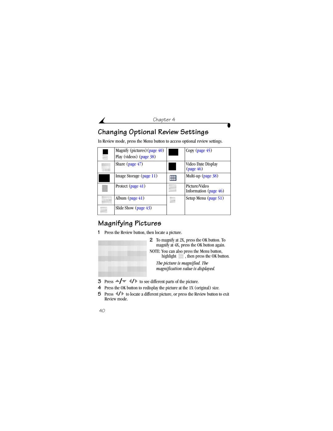 Kodak CX6330 Changing Optional Review Settings, Magnifying Pictures, Copy, Press the Review button, then locate a picture 