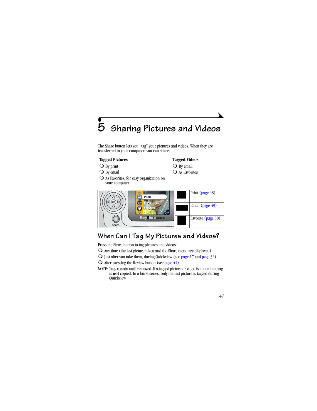 Kodak CX6330 manual Sharing Pictures and Videos, Tagged Pictures, By print By email 