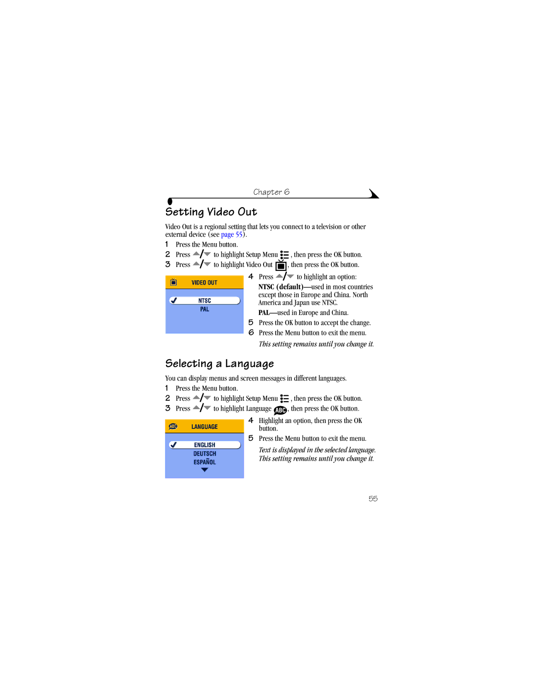 Kodak CX6330 manual Setting Video Out, Selecting a Language, Press To highlight Video Out 