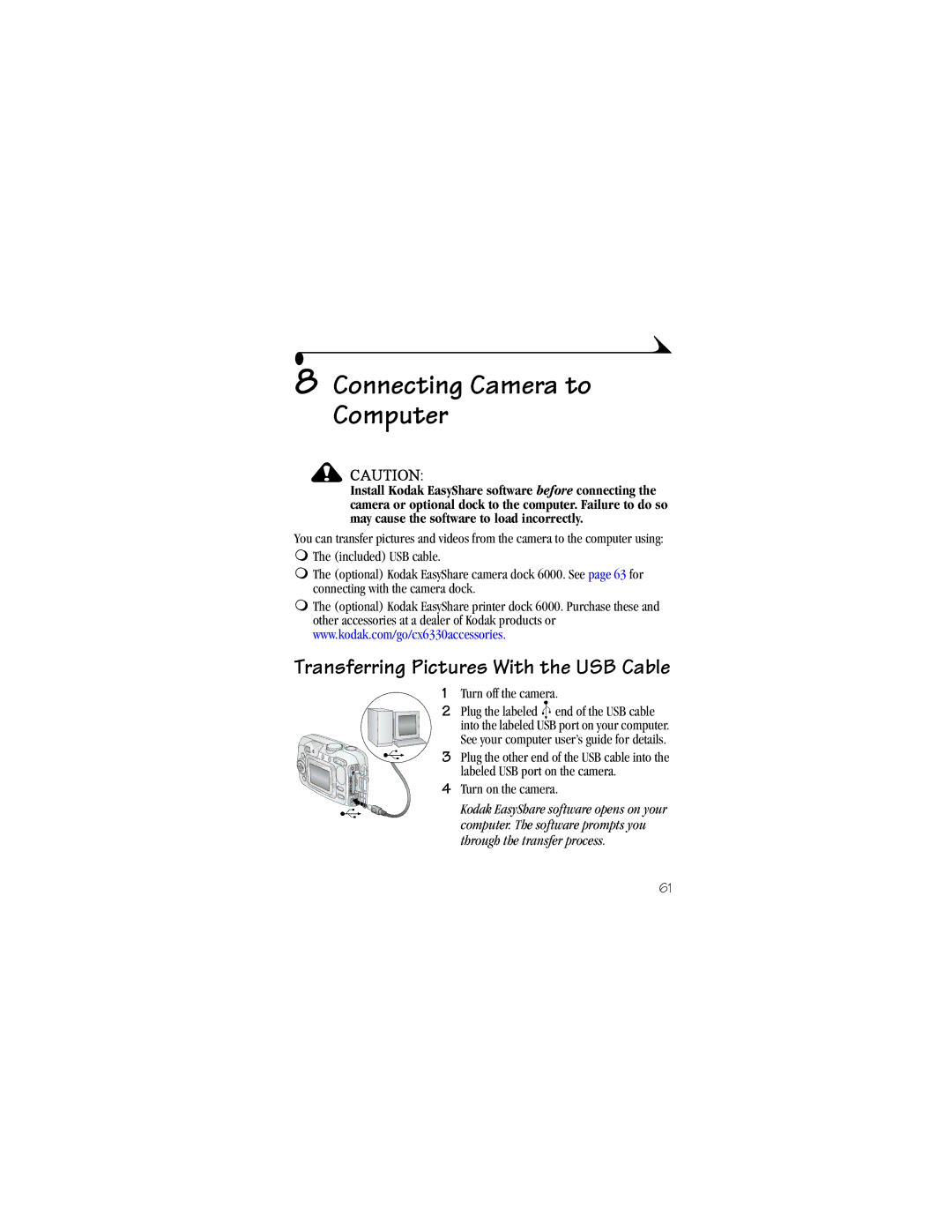 Kodak CX6330 manual Connecting Camera to Computer, See your computer user’s guide for details, Turn on the camera 