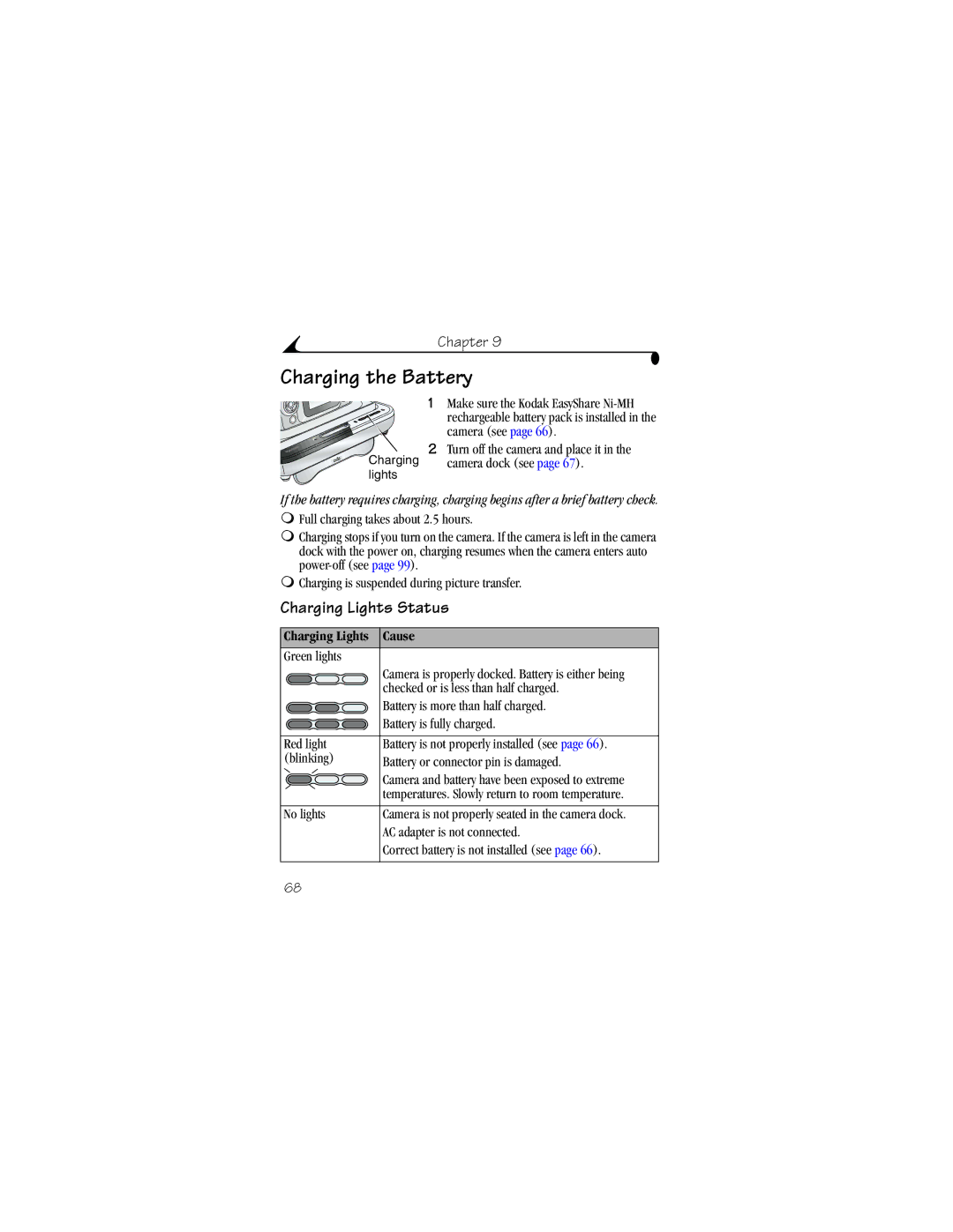 Kodak CX6330 manual Charging the Battery, Charging Lights Status, Charging Lights Cause 