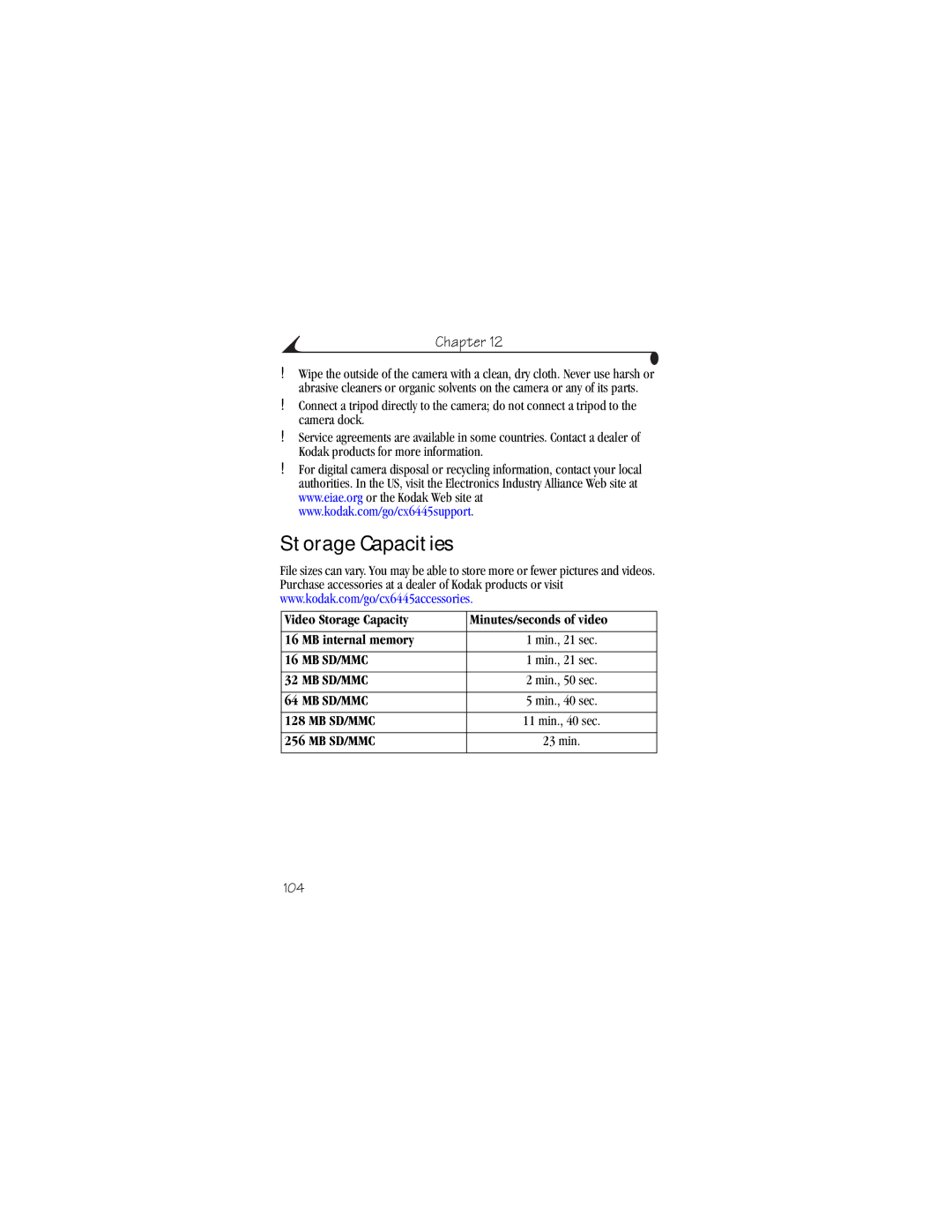 Kodak CX6445 manual Storage Capacities 