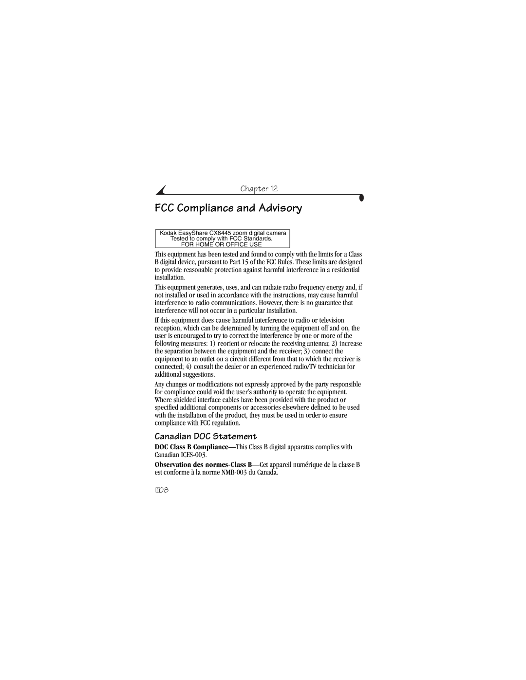 Kodak CX6445 manual FCC Compliance and Advisory, Canadian DOC Statement 